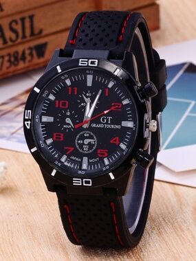 GT GRAND TOURING LARGE 2" DIAL ANALOG BLACK STAINLESS STEEL MEN'S WRIST WATCH